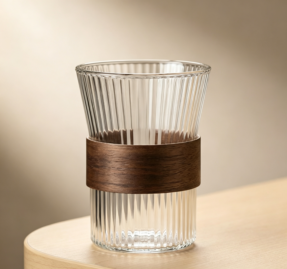 Vintage Fluted Funnel-Shaped Glass Tumbler, Insulated Wooden Band for Iced Latte & Fruit Tea