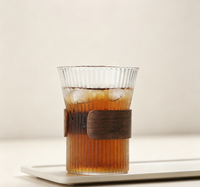 Vintage Fluted Funnel-Shaped Glass Tumbler, Insulated Wooden Band for Iced Latte & Fruit Tea